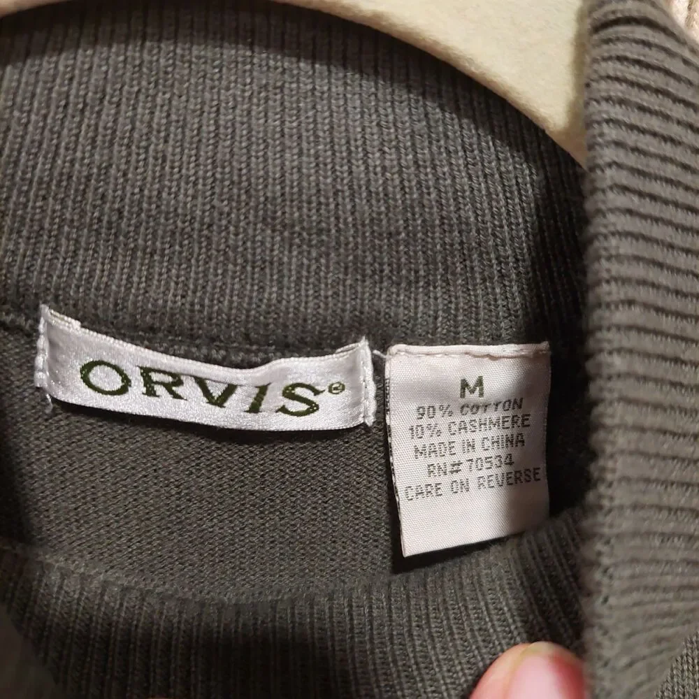 Orvis Cotton Cashmere Olive Green Knit Sweater Mock Neck Pullover